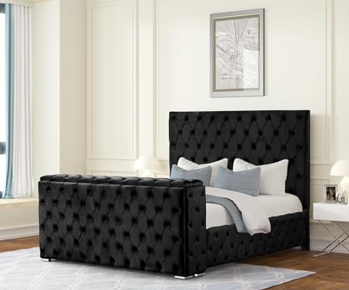 Velvet Platform Bed with Tufted Features, Fireplace & TV Stand, view 3