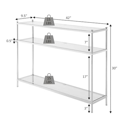 Royal Crest Glass Console Hall Table 42" - 3 Tier Modern, Contemporary Narrow Display Accent with Storage Shelves for Living Room, Entryway, Hallway, & Bedroom, Gold