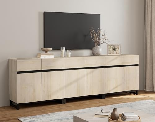 Modern TV Stand for TVs Up to 100 Inch, 3-in-1 Wood Entertainment Center with Adjustable Shelves & Protective Foot Pads, Metal Base Media Console for Living Room, Light Oak