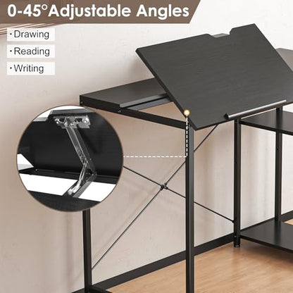 X-cosrack Drafting Table with Storage Shelves & Drawer, 43" Adjustable Art Desk with Monitor Stand for Home Office Computer, Tiltable Draft Drawing Table for Artist, Study, Writing Workstation, Black