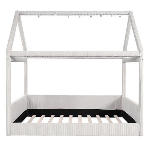Modern Upholstered House Bed Frame with Headboard, Floor Sofa Day Bed for Boys, Girls, No Box Spring Needed/Easy Assemble/Full,Beige