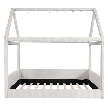 Modern Upholstered House Bed Frame with Headboard, Floor Sofa Day Bed for Boys, Girls, No Box Spring Needed/Easy Assemble/Full,Beige