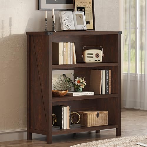 Small 3 Tier Bookshelf, Short Wood Bookcase, Brown Cherry, 36", view 2
