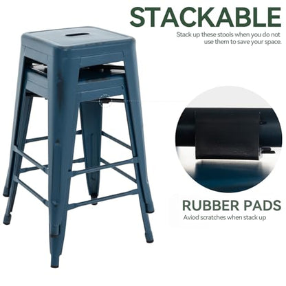 24 Inch Metal Bar Stools, Backless Counter Height Barstools, Indoor Outdoor Stackable Stools with Square Seat, Set of 2 (Distressed Deep Blue)