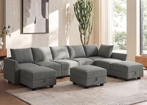 Oversized Modular Sectional Sofa with Storage Seats Reversible Couch with Ottomans U Shaped Modular Sectional Couch for Living Room, Grey