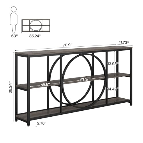 Tribesigns 70.9 inch Sofa Console Table, Extra Long Narrow Entryway Tables with 3 Tier Wood Storage Shelves Metal Frame for Foyer Hallway Living Room Behind Couch, Black Rustic Gray