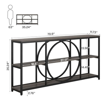 Tribesigns 70.9 inch Sofa Console Table, Extra Long Narrow Entryway Tables with 3 Tier Wood Storage Shelves Metal Frame for Foyer Hallway Living Room Behind Couch, Black Rustic Gray