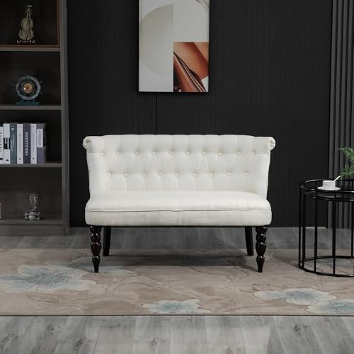 Fabric Loveseat with Wood Legs, Buton Tufted Settee, Cream White | Upholstered, Armless, Living Room