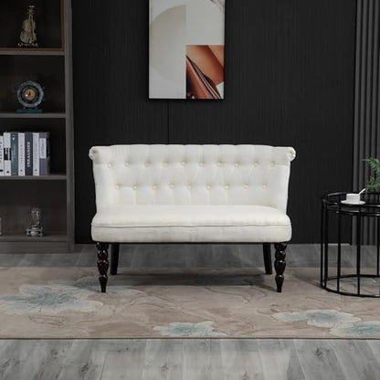 Fabric Loveseat with Wood Legs, Buton Tufted Settee, Cream White | Upholstered, Armless, Living Room
