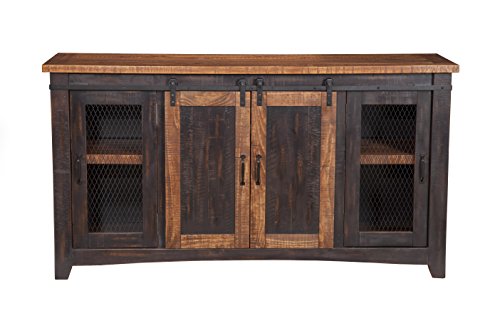 Martin Svensson Home 65" Solid Pine Wood Entertainment Center with Storage. Rustic TV Stand for TVs up to 70." Sliding Doors, Adjustable Shelves & Cable Management – Black and Honey Finish