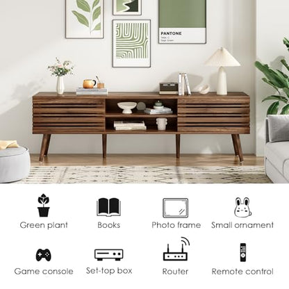 Mid Century Modern TV Stands for up to 70" TV with Storage, Fluted Wood TV Stand for Living Room, Boho Media Console, Entertainment Center with Cable Management