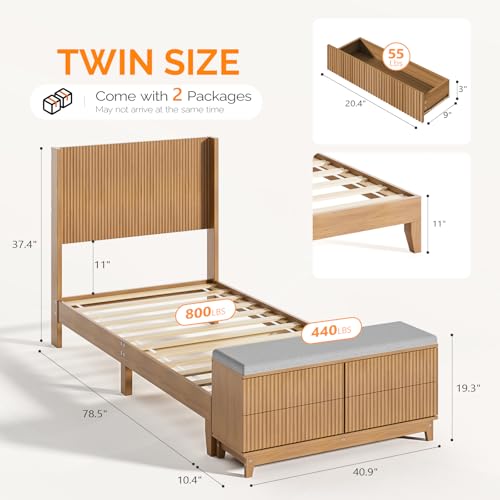 Fluted Twin Bed Frame with Storage Bench and Wingback Headboard, view 3