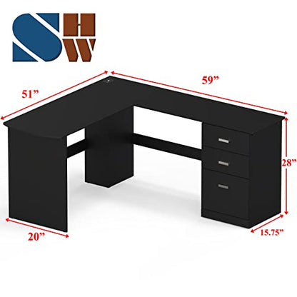 51 x 59 Inches L-Shaped Home Office Wood Corner Desk with Box Box File Drawers, Black