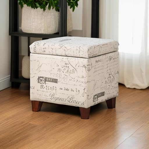 Fabric Script Pattern Cube Storage Footstool, Hinged Lid, Solid Wood Legs, 18" Height Ottomans & Storage Ottomans, Cream White