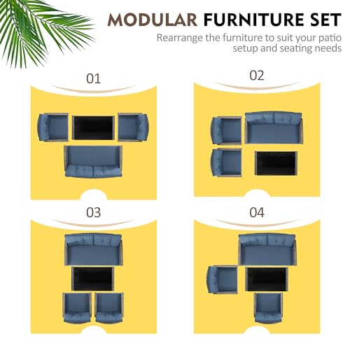 4 Piece Patio Furniture Set, Outdoor Rattan Conversation Set with Coffee Table, Outside Wicker Sectional Sofa Couch with Cushion, Gray and Blue