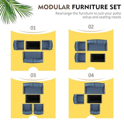 4 Piece Patio Furniture Set, Outdoor Rattan Conversation Set with Coffee Table, Outside Wicker Sectional Sofa Couch with Cushion, Gray and Blue