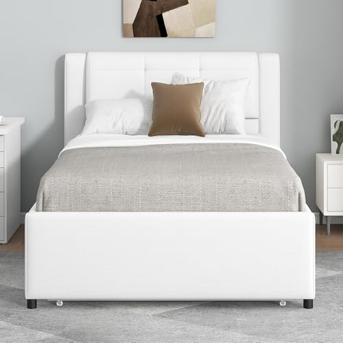 JIVOIT Twin Size Upholstery Platform Bed, Pull-Out Trundle, Upholstery Headboard (Beige-90-Twin)