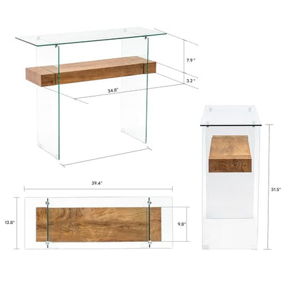 Glass Console Table with Storage, 39.4" Modern Narrow Entryway Table for Living Room, Entrance, Hallway or Bedroom 5101 (Natural Wood)