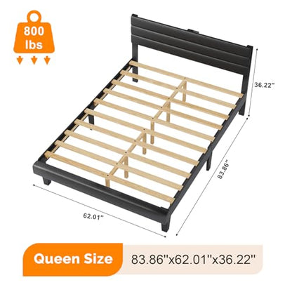 Upholstered Bed Frame Queen, Faux Leather Platform Bed with Adjustable Headboard, view 3