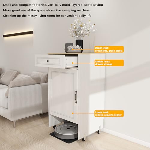 Robot Vacuum Storage Cabinet with Wheels - Antique White Side Table with Drawer & Doors for Living Room, Kitchen, Office
