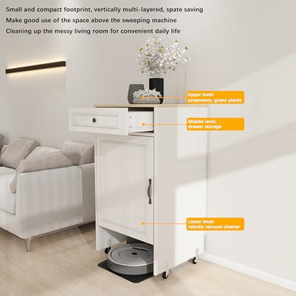 Robot Vacuum Storage Cabinet with Wheels - Antique White Side Table with Drawer & Doors for Living Room, Kitchen, Office