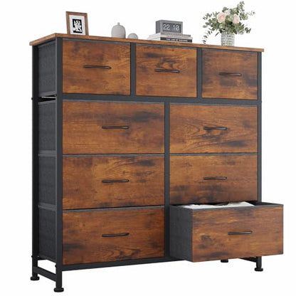 Dresser for Bedroom, 9 Storage Drawers, Wide Fabric Closet Chests Organizer Tower Furniture, TV Stand with Wooden Top Metal Frame for Clothes, Living Room, Hallway, Entryway, Rustic Brown