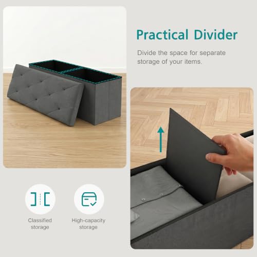 43'' Folding Storage Ottoman Bench, Storage Chest, Linen Fabric Foot Rest Stool, 158L Storage Footstools for Bedroom and Living Room, Holds up to 660 lbs, DGray
