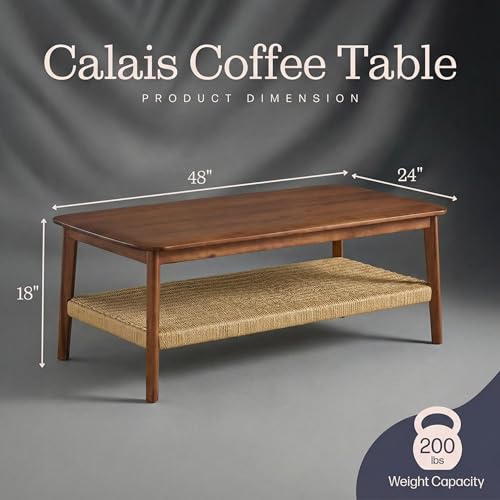 Calais 48 Inch Rectangular Solid Wood Coffee Table with Woven Storage Shelf – Mid Century Modern 2-Tier Living Room Table (Chestnut)