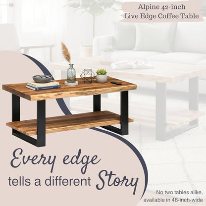 Alpine 2-Tier Live Edge Coffee Table – 42" Solid Acacia Wood with Natural Finish, Lower Shelf Storage and Metal Frame – Rustic Industrial Style for Living Room or Home Office