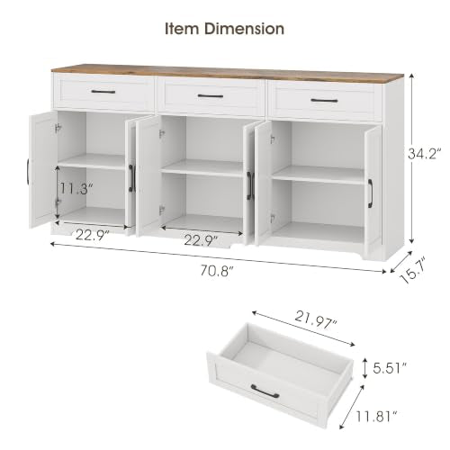 71" Farmhouse Sideboard Buffet Cabinet 3 Drawers & 6 Doors, White, view 4