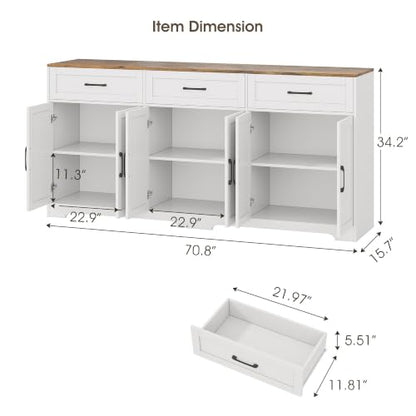 71" Farmhouse Sideboard Buffet Cabinet 3 Drawers & 6 Doors, White, view 4