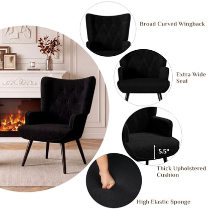 Accent Chair, Comfy Upholstered Teddy Fabric Armchair with Metal Legs, High Backrest Living Room Chair, Wingback Chair Mid Century Modern for Living Room/Vanity/Bedroom (1, Black) (1)