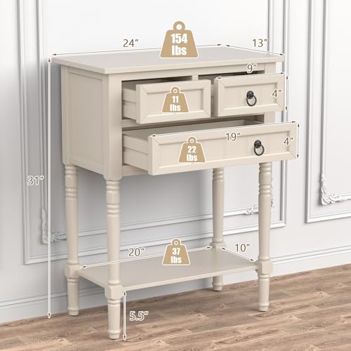 Entryway Table with Storage, Rustic Small Console Table w/ 3 Drawers & Open Bottom Shelf, Skinny Wood Console Table, Narrow Sofa Side Table for Living Room, Foyer, Hallway, Entry Table, Beige
