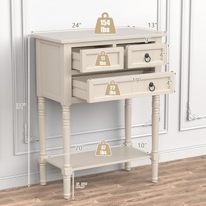 Entryway Table with Storage, Rustic Small Console Table w/ 3 Drawers & Open Bottom Shelf, Skinny Wood Console Table, Narrow Sofa Side Table for Living Room, Foyer, Hallway, Entry Table, Beige