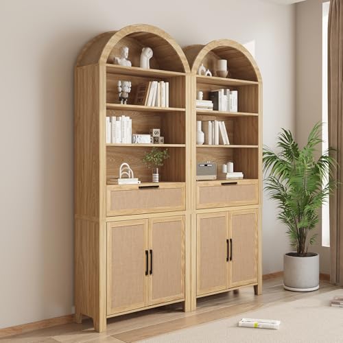 79" Tall Arched Bookcase with Storage, Mid Century Modern 6-Tier Cabinet with Door, Arched Bookshelf with Open Display Shelf for Office Living Room (Natural, 79inch-Doors)
