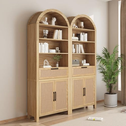 79" Tall Arched Bookcase with Storage, Mid Century Modern 6-Tier Cabinet with Door, Arched Bookshelf with Open Display Shelf for Office Living Room (Natural, 79inch-Doors)
