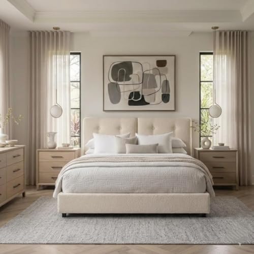 Bed Frame Queen Size, Boucle Upholstered Bed Frame with Headboard, view 5