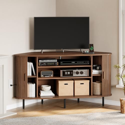 55" Corner TV Stand, Fluted TV Cabinet for 60 Inch TVs, Walnut, view 2