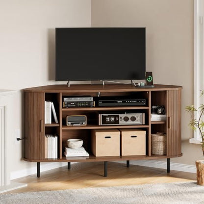 55" Corner TV Stand, Fluted TV Cabinet for 60 Inch TVs, Walnut, view 2