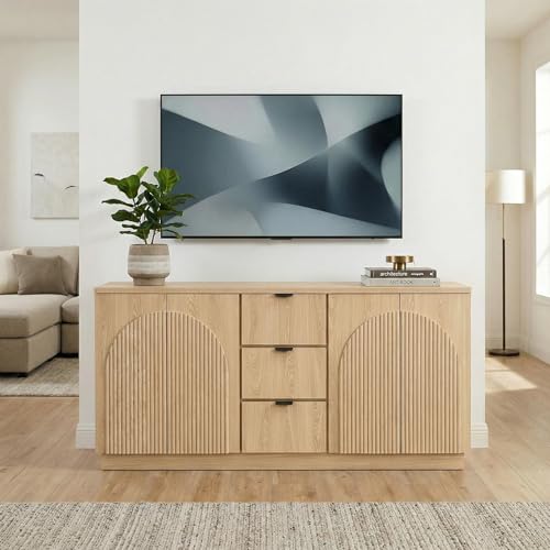 67" Fluted Sideboard Buffet Cabinet with 4 Arched Reeded Design Doors &3 Drawers, Mid Century Modern Credenza Storage Cabinet with Adjustable Shelves, for Living Room Dinning Hallway