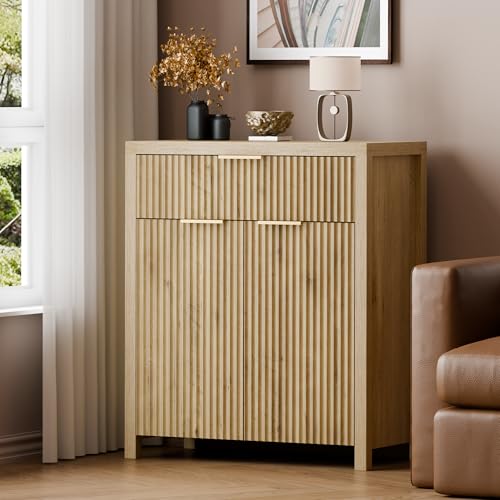 Storage Cabinet Fluted Sideboard Buffet Cabinet with Adjustable Shelves & Quality Wooden Tabletop, Modern Accent Credenza Media Console for Living Room, Entryway, Hallway, Natural Oak