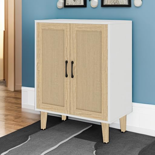 Buffet Cabinet Sideboard with Rattan Decorated Doors Kitchen Storage Cupboard Accent Cabinet (White)