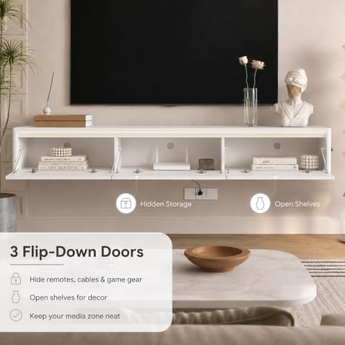 69" Fluted Floating TV Stand Wall Mounted with LED Power Outlets White, view 6