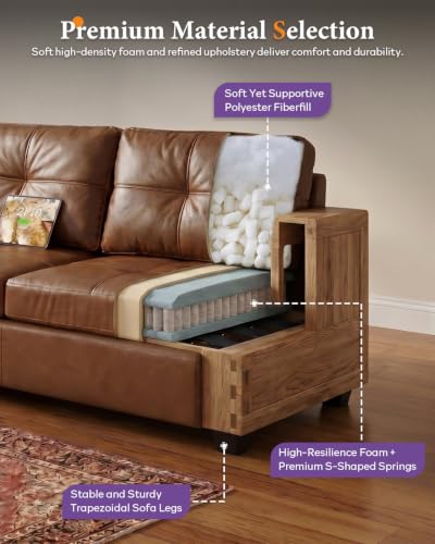 88" Brown Faux Leather Couch, 3 Seater Sofa with USB and Side Pockets