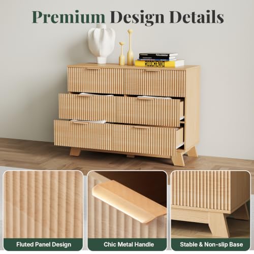 6 Drawer Dresser for Bedroom, Fluted 39.4" Wide Chest of Drawers, Wooden Dresser, view 7