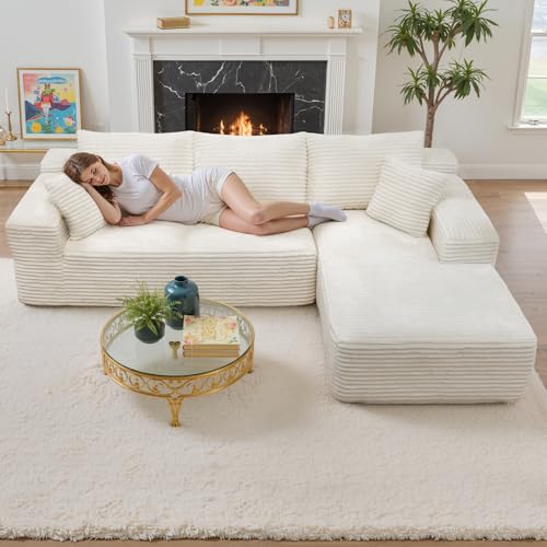 106'' Modular Sectional Sofa, L-Shaped Boneless Cloud Couch with Chaise Lounge, 4-in-1 Flexible Combination Faux Rabbit Fur & Layered Cushion Deep Seat, No Assembly, Beige Right Facing Chaise