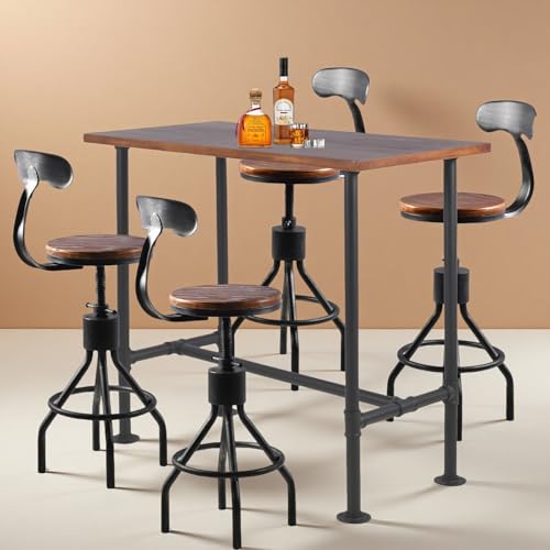 Industrial Bar Table with Set of 4 Bar Stools with Back Rustic 5 Pieces Dining Table Set for Kitchen Vintage Rectangle Pub Table with Chairs for Office Meeting Room