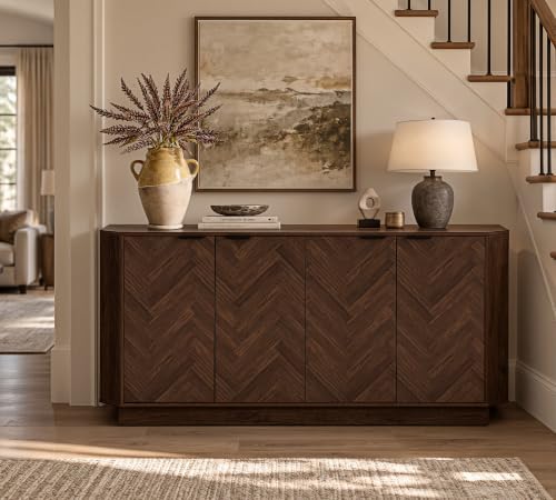66.7" Buffet Cabinet with Storage, Herringbone Design, Walnut, view 4