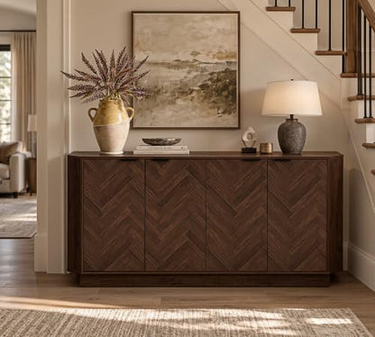 66.7" Buffet Cabinet with Storage, Herringbone Design, Walnut, view 4