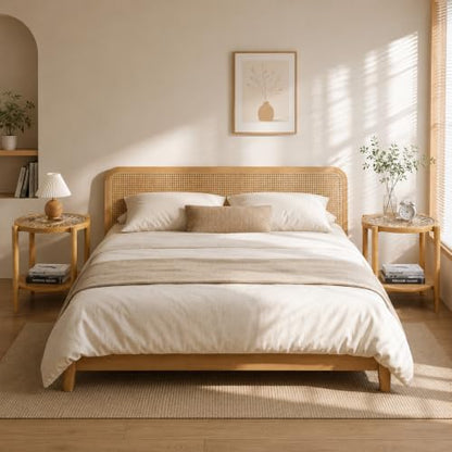 Rattan Nightstands Set of 2,Boho Wood Round Side Tables, 2-Tier Natural End Table with Glass Top and Wood Legs, Sofa Side Table Bedside Table for Living Room Bedroom Couch(Natural)